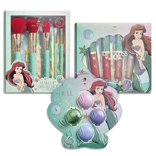 Disney Belle Maison Cosmetic Makeup Set, Makeup Essential, Princess Ariel - Includes 5pc Makeup Brush, 4pc Lip Gloss, 4pc Lip Balm