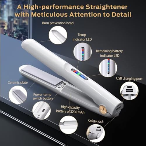 Cordless Hair Straightener and Curler 2 in 1 Ceramic Flat Iron Mini Wireless Portable Travel Hot Tools Straight Curl for Women Men USB Rechargeable with Pouch (White)