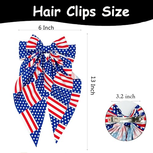 4th of July Hair Bows for Women,Big Ribbon Bow Hair Clips for Girls, Oversized Long Tail Hair Barrettes Cute Hair Accessories (Red Blue White)