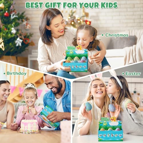 Dino Egg Bath Bombs for Kids with Surprise Inside, 6 Packs Dinosaur Bath Toys Set for Boys,Girls, Bubble Fizzies, Educational Birthday & Christmas Gift Ideas
