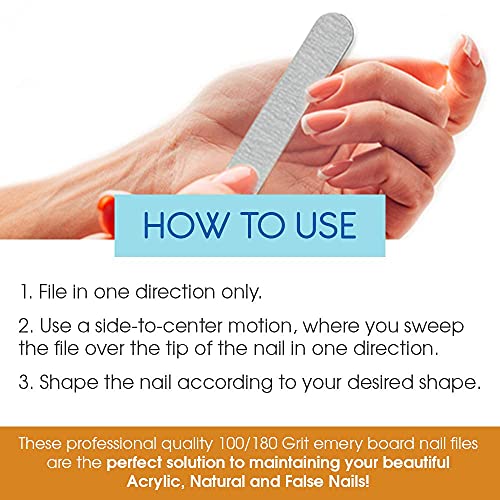 Flowery Nail File 100/180 Grit for Acrylic Nails, Double-Sided Nail Files, Disposable Emery Boards, Manicure Kit, Cushion Core, Silver, 100-Pack