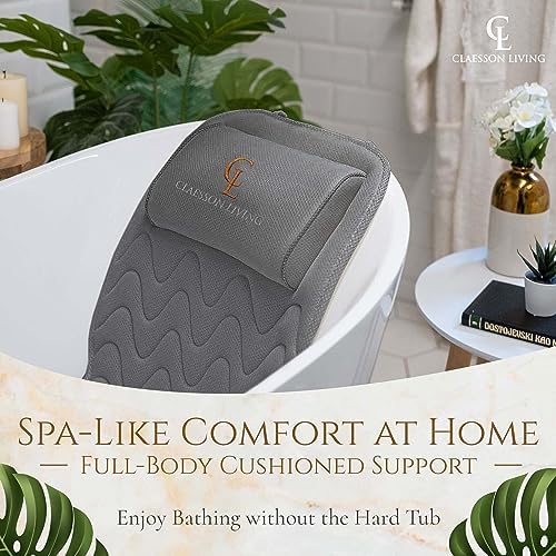 Full Body Bath Pillow (17'' x 49'') - Bathtub Cushion with Headrest Supports Neck, Back and Legs - Free Hanging Hooks for Fast Drying Over Tub - Includes Washing and Travel Bags - Gray