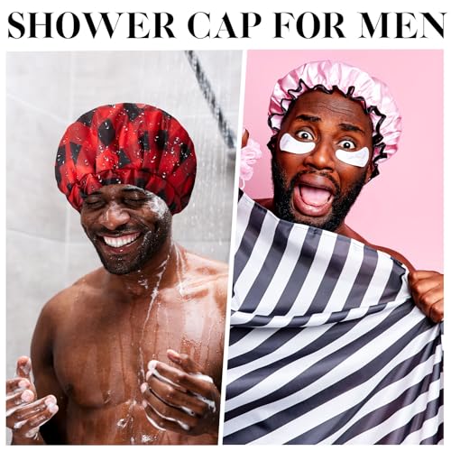 Shower Cap for Men Waterproof Reusable Large Bath Cap Men for Dreadlocks, Braids, Curls, Locs, Curly Hair, 3 Colors(Plaid Pattern)
