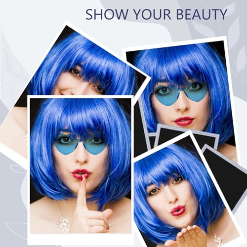 Wig and Sunglasses 12 Inch Short Bob Wigs with Bangs for Women Costume Cosplay Party (Blue)