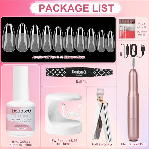 Major Dijit Gel Nail Kit - Beginner Gel Nail Set with Nail Drill, 0.5oz 4-in-1 Nail Glue, 500PCS Almond Nail Tips, UV Lamp for Nail Extension & Art