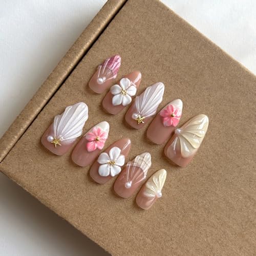 Medium - Luxury Medium Almond 3D False Nails Women Reusable ABS Material Finger Printed Nail Tip French Salon Design Artificial Fingernail-M-size