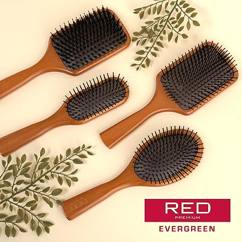 Red by Kiss Evergreen Wooden Square Paddle Hair Brush, 100% Beechwood, Long Bristles, Detangling, For All Hair Types, Sustainable, Painless Detangling, Air Ventilation Hole, Wet Dry Hair, Unisex