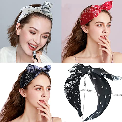 Paisley Print Wide Bow Headbands for Women Bandana Rabbit ear Elastic Hairband Cute Knot Headbands Hair Accessories (Style 1: (Red, white, Navy, black)