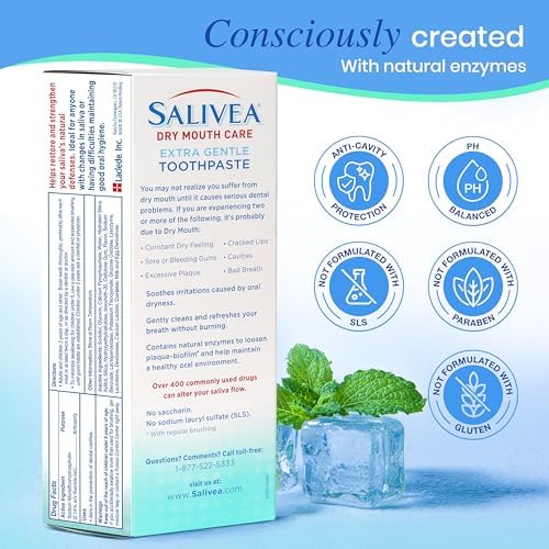 SALIVEA Gentle Toothpaste for Dry Mouth Care, 4.3 oz Tube, 2 Pack, Anticavity with Fluoride, Natural Salivary Enzymes, Vitamin E & Aloe Vera, Cleans, Moisturizes & Refreshes Breath, Soothing Mint