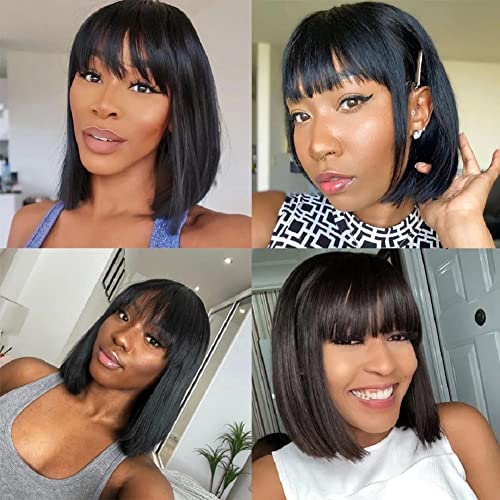 Rebasar Short Bob Wigs Human Hair 8 Inch Glueless Wear and Go Bob Wig With Bangs Human Hair Wigs for Black Women Brazilian Straight Hair No Lace Front Natural Black Wig