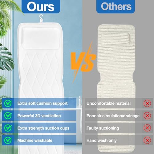 Full Body Bath Pillow for Bathtub, Thick Bath Pillow for Tub with Non-Slip Suction Cups, Bathtub Cushion with Pillow, Luxury Tub Pillow for Bath, Headrest Neck and Back Support, 5D Air Mesh