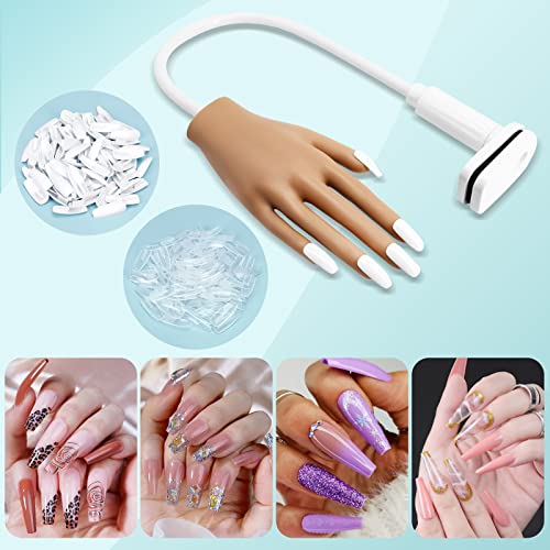 Practice Hand for Acrylic Nails, Nail Tips Never Fall Off Nail Practice Hands, Fingers Never Break Fake Hand for Nail Practice, Fexible Nail Hand Practice Mannequin Hand with 200 Pcs Nail Tips