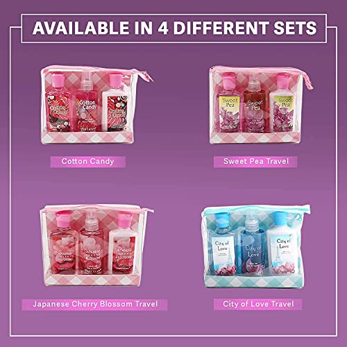 Bath and Body Gift Set - Cotton Candy Scented 3-Piece Travel Size Collection-3 Fl Oz , Shower Gel, Body Lotion, Body Mist, Compact & Lightweight, Ideal for Gifts, Travel, or Daily Skincare Routine