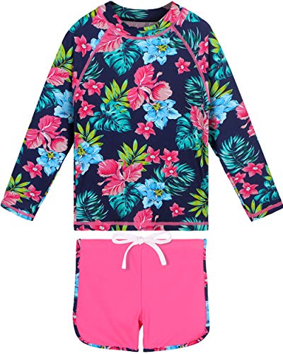 Girls Rash Guard Set Two Piece Long Sleeve Swimsuit UPF 50+ Sun Protective Swimwear S338_NavyFlower_8A Navy Flower