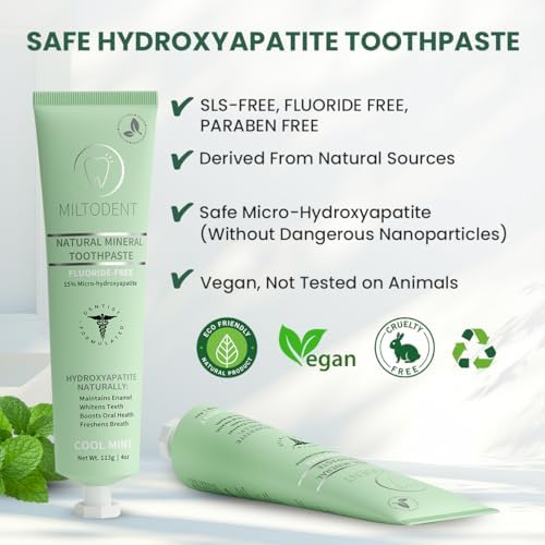 MILTODENT Premium Hydroxyapatite Toothpaste – 15% Micro-Hydroxyapatite | Fluoride-Free, Best Taste, Foam-Free, Natural Mineralizing | Safe Alternative to Nano-Hydroxyapatite | SLS-Free & Natural 4oz