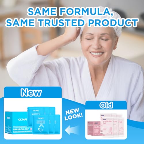 OK TAPE No Water Shampoo Caps (6 Pack) 3 Scents, Rinse Free Shower Cap for Elderly, After Surgery, Camping, Shampoo and Conditioner Hair Wash Cap (Lavender, Verbena and Cucumber Scents)