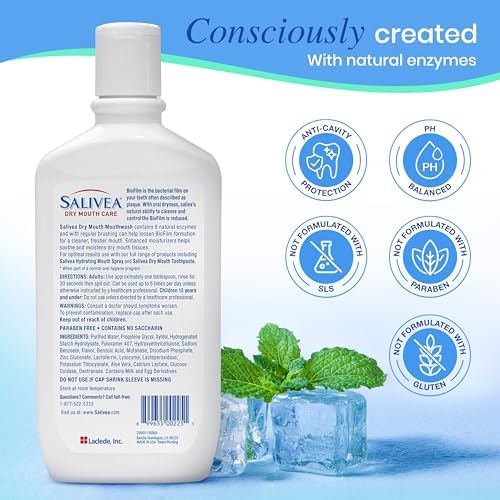 SALIVEA Dry Mouth Mouthwash - Soothing Mint Mouthwash with Natural Salivary Enzymes - Breath Freshener & Dry Mouth Care - Mint Flavor (2 Pack)