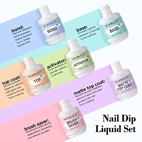 AZUREBEAUTY Dip Powder Liquid Set Bond, Base, Glossy Matte Top Coat, Activator, Brush Saver Dipping Powder Essential Tools No Nail Lamp Needed 0.5Fl oz 15ml 6Pcs