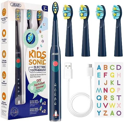 SEAGO Kids Electric Toothbrush, Sonic Soft Bristle Rechargeable Toothbrushes with DIY Stickers, 5 Modes, Includes 4 Replacement Brush Heads, Ages 3 to 12 Years Old (Navy)