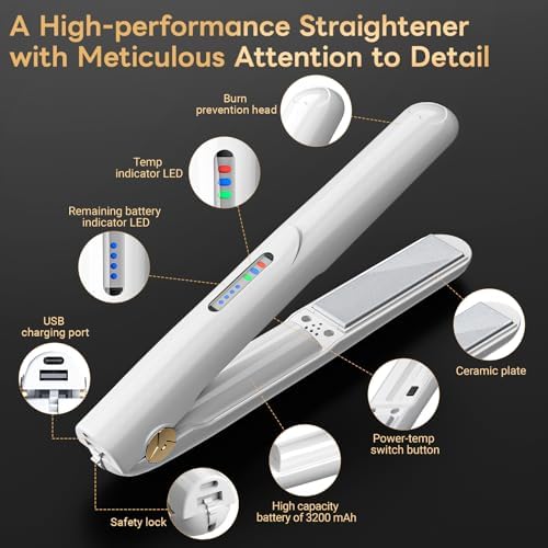 Cordless Hair Straightener and Curler 2 in 1 Ceramic Flat Iron Mini Cordless Portable Travel Hot Tools Straight Curl for Women Men USB Rechargeable with Pouch (White)
