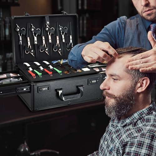 Barber Case 6 Clippers Sliding Tray, Profesional Barbers Briefcase Tool Case, Barber Cases for Clippers and Supplies, Hair Scissors Trimmer Organizer, Salon Hair Grooming Hard Travel Suitcase