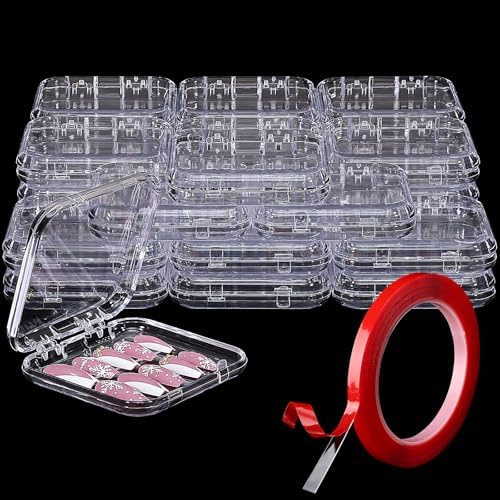 Udefineit 27PCS Press on Nail Boxes with 5M Nail Tape, Clear Acrylic Nail Display Box for Storage Nail Tips Press on Container Plastic Empty Packaging Boxes for Nail Art Home Beauty Salon