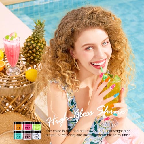 AZUREBEAUTY Orange Fluorescent Blue Green Dip Powder Nail Set, 6 Spring Summer Colors Dipping Starter Kit French Art Manicure DIY Mother's Gift for Women, No Need Lamp Cured