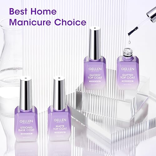 Gellen Gel Top and Base Coat, 4pcs 18ml No Wipe Matte Glossy Glitter Gel Top Coat, Clear UV Base Coat Gel Nail Polish, Soak Off Nail Lamp Gel Base Top Coat Long Lasting Home Gel Manicure