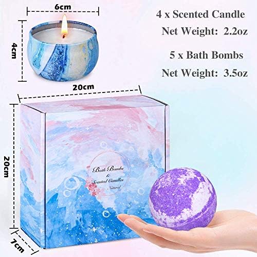 Bath Bombs Gift Set - 5 Large Fizzy Spa Bombs with 4 Scented Candles for Women - Moisturizing Bubble Bath with Essential Oils for Valentine's, Birthday Gifts