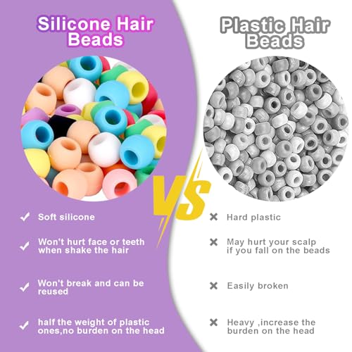 90 Pcs Silicone Hair Beads for Women Girls Braids, Soft Colorful Pony Beads Bulk for Kids Girls Women Hair Accessories for Braids (Pink)