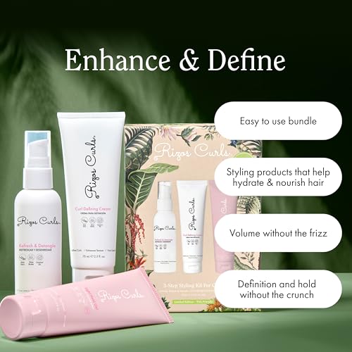 Rizos Curls 3-Step Styling Kit - Define, Style, Hold with Curl Defining Cream, Light Hold Gel & Refresh Spray Enhances Shine, Moisture & Frizz Control for All Curl Types Sulfate Paraben Free
