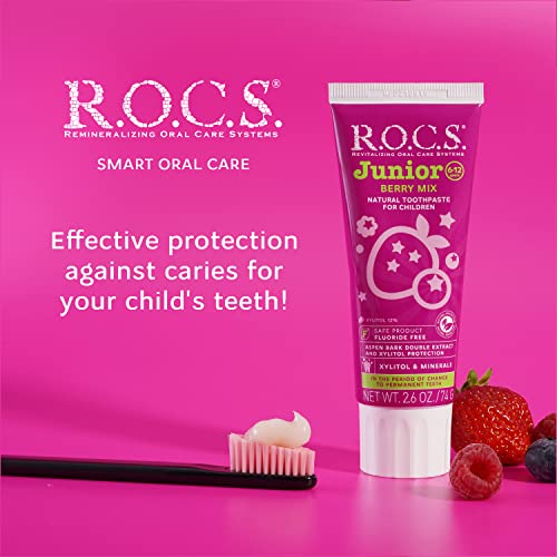 R.O.C.S. Junior Toothpaste - Enamel Whitening Teeth Gum Protection - for Children 6-12 Years Old - Safe to Swallow - Natural, No Fluoride or Sulfate (Berry Mix, Pack of 1)