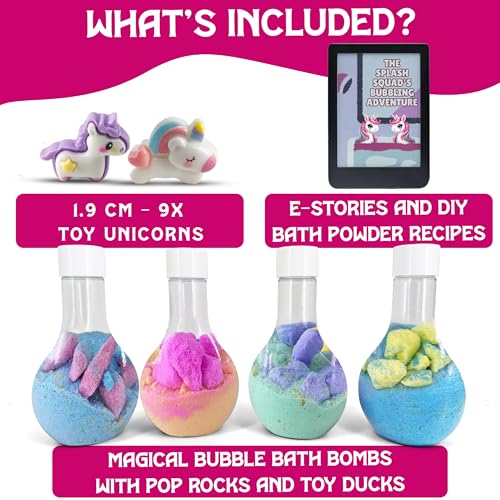 Kids Bath Bombs Powder with 12 Mini Unicorn Toys Inside β Bubble Potions for Kids with Natural Essential Oils β Bubble Bath Magic Science Kit - Blast of Fizzy Foamy & Eruption Colors β Gift Set of 4