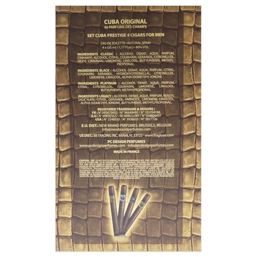 Cuba Prestige 4 Piece Gift Set for Men (Classic + Black + Platinum + Legacy) Eau De Toilette Spray 1.7 Ounce Each