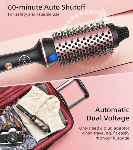 Thermal Hair Brush for Blowout Look, 1.5 Inch Heated Round Brush for Natural Curl,Ionic Curling Iron Wand with Dual Voltage, Volumizing Smoothing Hot Round Brush, Black