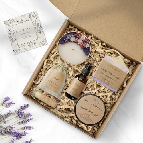 Bath Gift Set, Spa Gifts for Women, Self Care Products for Women, Lavender & Cream Soap Bar, Calm Pillow Mist, Bath Bomb & Shower Steamer, Body Butter and Lip Balm