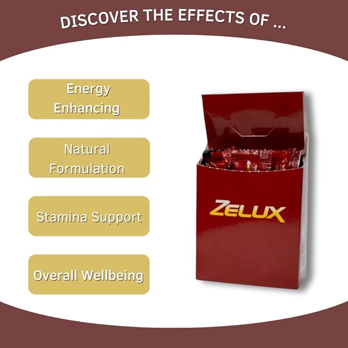 Zelux Supplement Box 8 Sachets - Booster for Vitality & Performance - Natural Stamina - Energy Support - Natural Ingredients Damiana, Tribulus Terrestri, Ginkgo Biloba, Maca, Korean Red Gingseng