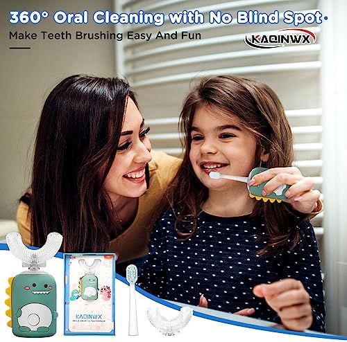 Kids U Shaped Electric Toothbrush for Age 2-12, Rechargeable Toddler Toothbrush with Smart Timer & 3 Clean Modes, Dinosaur Design, IPX7 Waterproof, 3 Brush Heads & 360°Cleaning