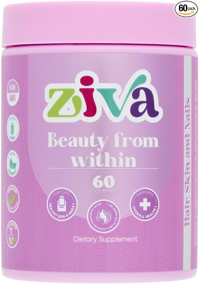 ZIVA Beauty from Within Gummies – Skin & Nail Support Supplement for Women – Daily Gummy Vitamins for Natural Beauty – 60 Servings