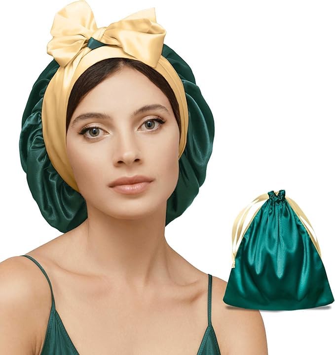 Real Silk Bonnet for Sleeping Women with Curly, Straight, & Fine Hair – Hair Cap for Sleep – Premium Alternative to Double Layer Satin Bonnet – Silk Hair Wrap for Sleep with Wonder Loop Tie – Green