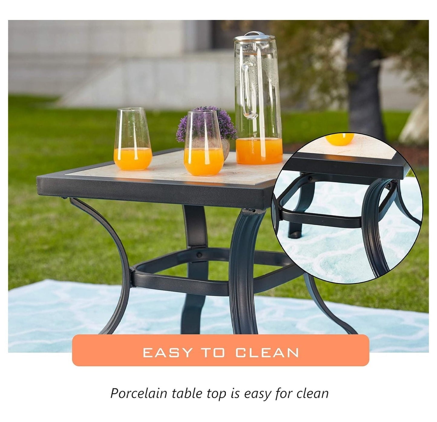 Outdoor Patio Bistro Side End Table Square Metal Frame Removable Tile Table Top Dining Coffee Table for Garden Swimming Pool Outdoor Patio Furniture Black