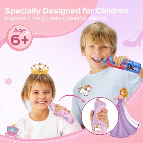 COSLUS Kids Water Dental Flosser Deep Cleaning Picks Portable 4 Modes for Ages 6+ Safe Waterproof Rechargeable with 2 Jet Tips for Gums Care Pink Purple