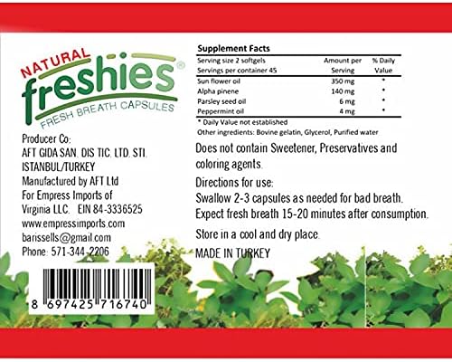 Freshies Gel Capsules for Bad Breath- Organic Peppermint and Parsley Oil Stomach Mint Breath Fresheners- Keto Friendly- Fresh Breath for 3+ Hours- 90 Count