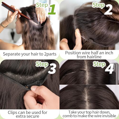 KooKaStyle Invisible Wire Hair Extensions with Transparent Wire Adjustable Size 4 Secure Clips Long Wavy Secret Synthetic Hairpiece 20 Inch Dark Brown for Women