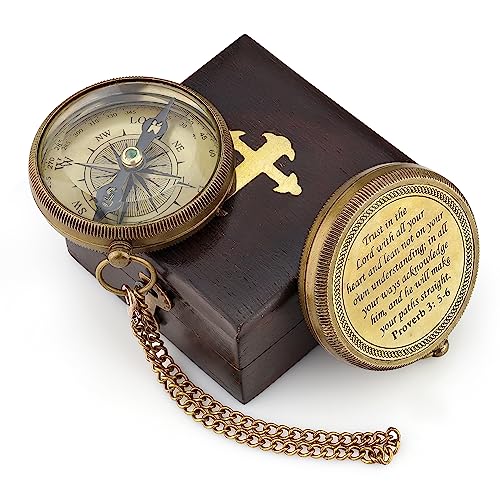 God is My Guide Brass Compass Gift with Display Box - Engraved Scripture Prayer Compass Religious Gift for Men & Women - Baptism, Confirmation, Communion Compass for Boys Graduation Gift (Aged Brass)