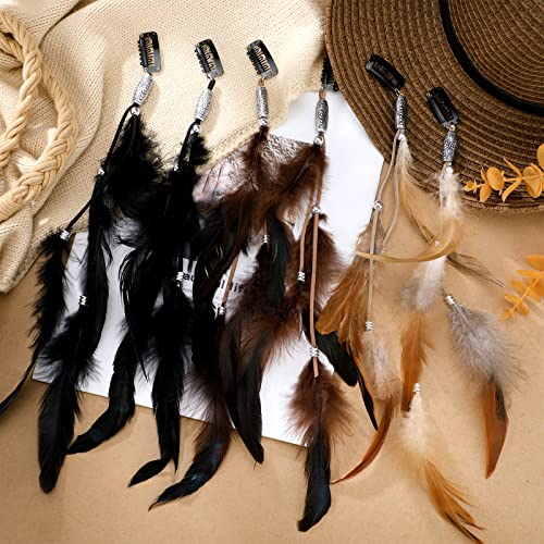 Geyoga 12 Pcs Feather Hair Extensions Colored Clip in Hair Feathers for Women Carnival Cosplay Costume Summer Party Headdress Boho Feather Clip Accessory Gifts(Brown, Black, Dark Coffee,Standard)