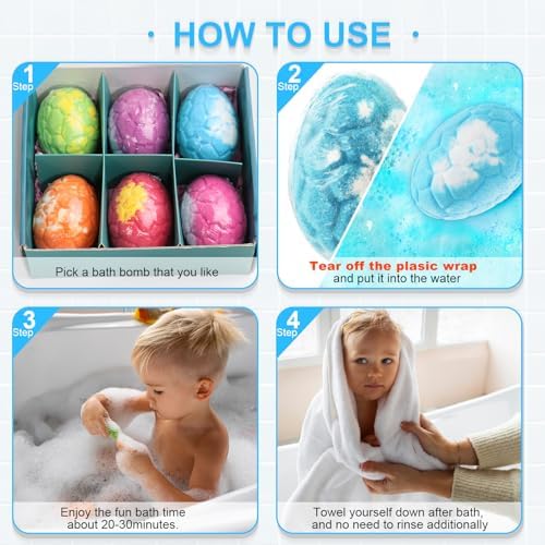 Bath Bombs for Kids with Surprise Inside, 6 Pack Dinosaur Bath Bombs Gift Set, Organic Bubble Bath Fizzies with Dinosaur Egg Toys & Dino Themed Mat, Birthday Gifts for Kids Boys, Girls 3-12