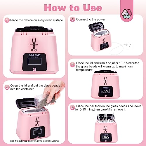 SAVILAND Nail Tool Sterilizer Electric: High-Temperature 365℉ Sterilizer for Nail Tools Portable Pink Nail Sterilizer with Glass Beads to Sterilize Any Metal Tools Salon & Esthetician Supplies