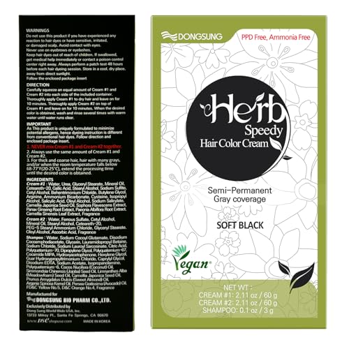 DONGSUNG Herb Speedy Color Cream (Soft Black, 1 Pack), PPD-Free Ammonia-Free Vegan Hair Dye with Sun Protection, Odorless, Gentle for Sensitive Scalp, No Eye or Scalp Irritation
