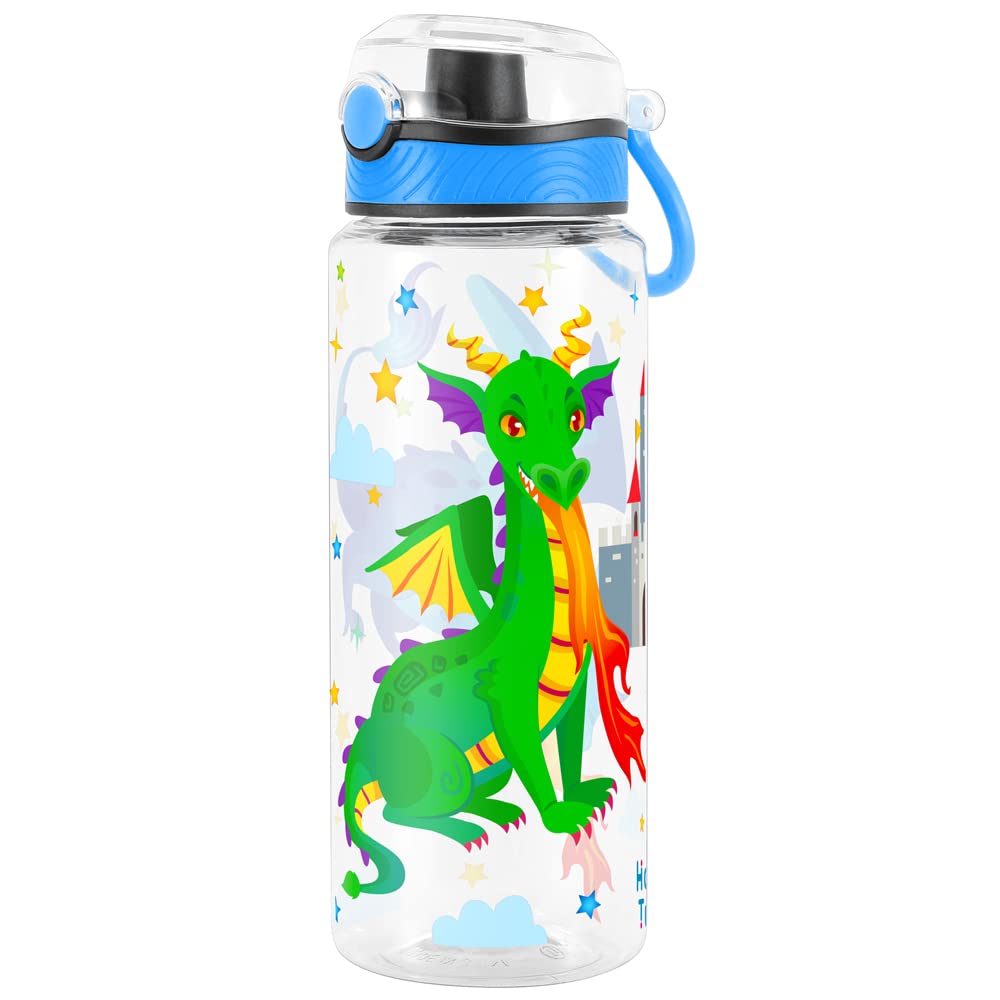 Cute Water Bottle for School Kids Girls, BPA FREE Tritan & Leak Proof & Easy Clean & Carry Handle, 23oz/ 680ml (Fire Dragon)